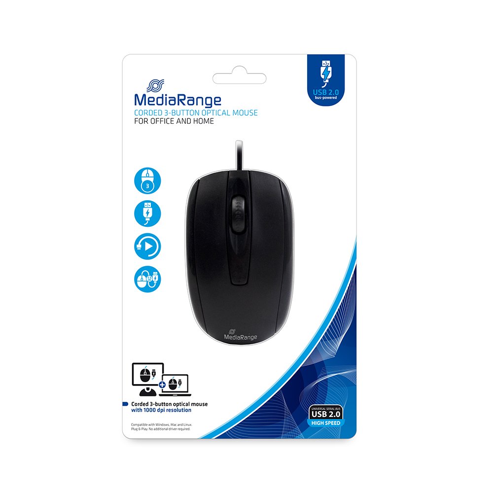 0022831_0 MediaRange Optical Mouse Corded 3-Button (Black