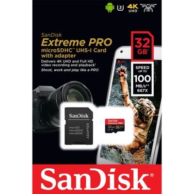 Sandisk Memory 32GB Extreme PRO microSDHC UHS-I Card with adapter (SDSQXCG-032G-GN6MA) (SANSDSQXCG-032G-GN6MA)