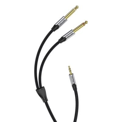 VENTION Cotton Braided TRS 3.5mm Male to 2*6.5mm Male Audio Cable 1.5M Gray Aluminum Alloy Type (BARHG) (VENBARHG)